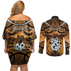 Personalised Maori Matariki Manaia Kowhai Couples Matching Off Shoulder Short Dress and Long Sleeve Button Shirt Maori Kowhaiwhai Pattern Galaxy