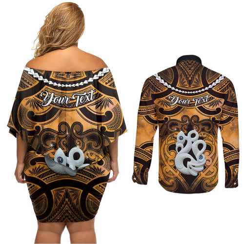 Personalised Maori Matariki Manaia Kowhai Couples Matching Off Shoulder Short Dress and Long Sleeve Button Shirt Maori Kowhaiwhai Pattern Galaxy