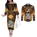 Personalised Maori Matariki Manaia Kowhai Couples Matching Off The Shoulder Long Sleeve Dress and Long Sleeve Button Shirt Maori Kowhaiwhai Pattern Galaxy
