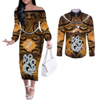 Personalised Maori Matariki Manaia Kowhai Couples Matching Off The Shoulder Long Sleeve Dress and Long Sleeve Button Shirt Maori Kowhaiwhai Pattern Galaxy