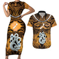 Personalised Maori Matariki Manaia Kowhai Couples Matching Short Sleeve Bodycon Dress and Hawaiian Shirt Maori Kowhaiwhai Pattern Galaxy