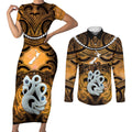Personalised Maori Matariki Manaia Kowhai Couples Matching Short Sleeve Bodycon Dress and Long Sleeve Button Shirt Maori Kowhaiwhai Pattern Galaxy