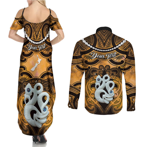 Personalised Maori Matariki Manaia Kowhai Couples Matching Summer Maxi Dress and Long Sleeve Button Shirt Maori Kowhaiwhai Pattern Galaxy