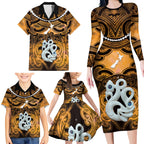 Personalised Maori Matariki Manaia Kowhai Family Matching Long Sleeve Bodycon Dress and Hawaiian Shirt Maori Kowhaiwhai Pattern Galaxy
