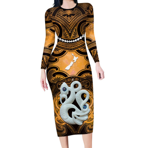 Personalised Maori Matariki Manaia Kowhai Family Matching Long Sleeve Bodycon Dress and Hawaiian Shirt Maori Kowhaiwhai Pattern Galaxy