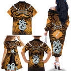 Personalised Maori Matariki Manaia Kowhai Family Matching Off The Shoulder Long Sleeve Dress and Hawaiian Shirt Maori Kowhaiwhai Pattern Galaxy