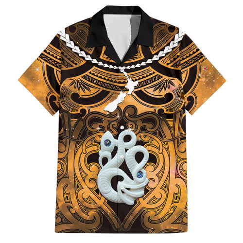 Personalised Maori Matariki Manaia Kowhai Family Matching Off The Shoulder Long Sleeve Dress and Hawaiian Shirt Maori Kowhaiwhai Pattern Galaxy