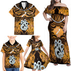 Personalised Maori Matariki Manaia Kowhai Family Matching Off Shoulder Maxi Dress and Hawaiian Shirt Maori Kowhaiwhai Pattern Galaxy
