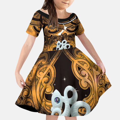 Personalised Maori Matariki Manaia Kowhai Family Matching Off Shoulder Short Dress and Hawaiian Shirt Maori Kowhaiwhai Pattern Galaxy