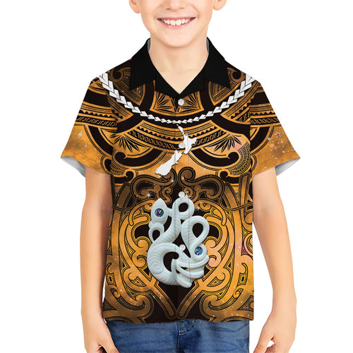 Personalised Maori Matariki Manaia Kowhai Family Matching Short Sleeve Bodycon Dress and Hawaiian Shirt Maori Kowhaiwhai Pattern Galaxy
