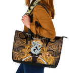 Maori Matariki Manaia Kowhai Leather Tote Bag Maori Kowhaiwhai Pattern Galaxy