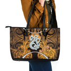 Maori Matariki Manaia Kowhai Leather Tote Bag Maori Kowhaiwhai Pattern Galaxy