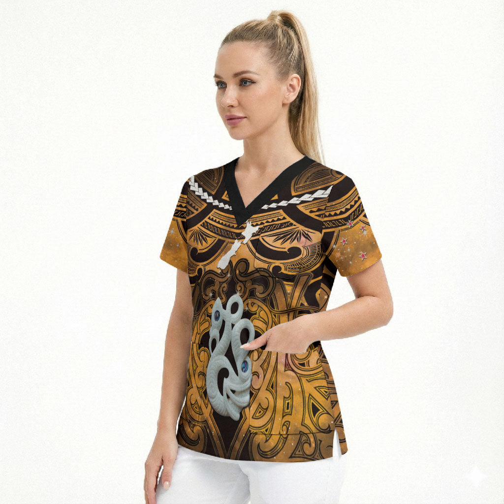 Personalised Maori Matariki Manaia Kowhai Scrub Top Maori Kowhaiwhai Pattern Galaxy