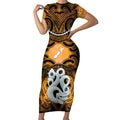 Personalised Maori Matariki Manaia Kowhai Short Sleeve Bodycon Dress Maori Kowhaiwhai Pattern Galaxy