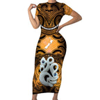 Personalised Maori Matariki Manaia Kowhai Short Sleeve Bodycon Dress Maori Kowhaiwhai Pattern Galaxy
