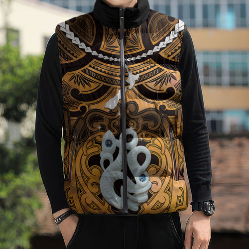 Personalised Maori Matariki Manaia Kowhai Sleeveless Puffer Jacket Maori Kowhaiwhai Pattern Galaxy