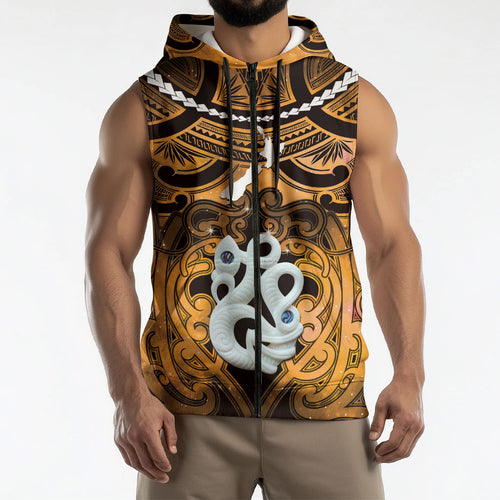 Personalised Maori Matariki Manaia Kowhai Sleeveless Zip Hoodie Maori Kowhaiwhai Pattern Galaxy