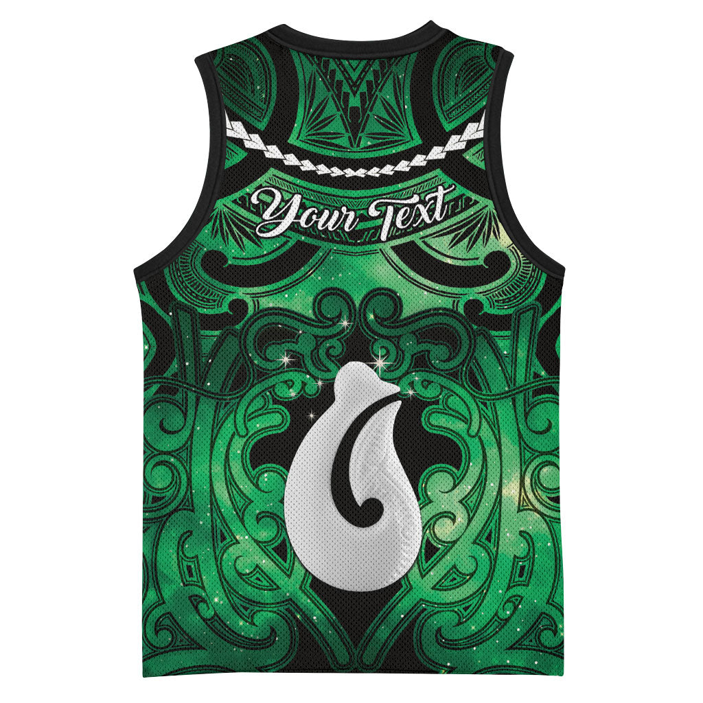 Personalised Maori Matariki Hei Matau Kakariki Basketball Jersey Maori Kowhaiwhai Pattern Galaxy