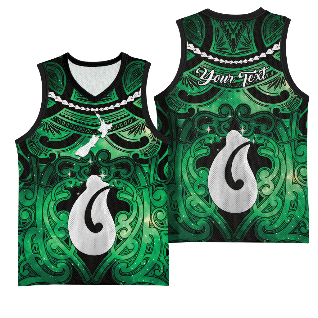 Personalised Maori Matariki Hei Matau Kakariki Basketball Jersey Maori Kowhaiwhai Pattern Galaxy
