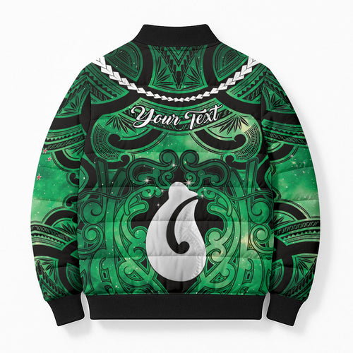 Personalised Maori Matariki Hei Matau Kakariki Bomber Puffer Jacket Maori Kowhaiwhai Pattern Galaxy