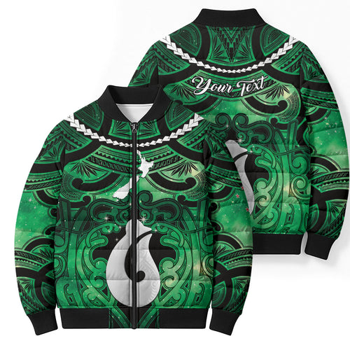 Personalised Maori Matariki Hei Matau Kakariki Bomber Puffer Jacket Maori Kowhaiwhai Pattern Galaxy