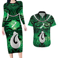 Personalised Maori Matariki Hei Matau Kakariki Couples Matching Long Sleeve Bodycon Dress and Hawaiian Shirt Maori Kowhaiwhai Pattern Galaxy