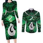 Personalised Maori Matariki Hei Matau Kakariki Couples Matching Long Sleeve Bodycon Dress and Long Sleeve Button Shirt Maori Kowhaiwhai Pattern Galaxy