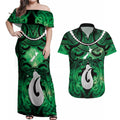 Personalised Maori Matariki Hei Matau Kakariki Couples Matching Off Shoulder Maxi Dress and Hawaiian Shirt Maori Kowhaiwhai Pattern Galaxy