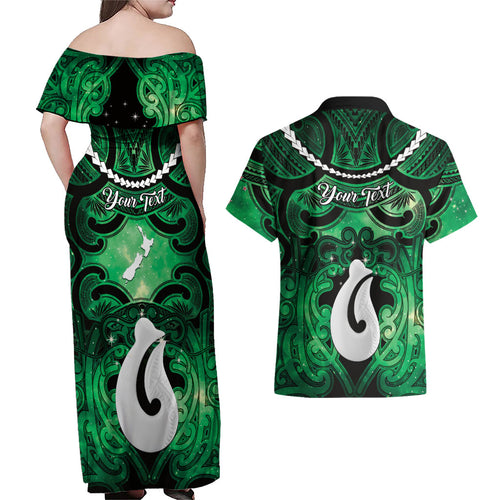 Personalised Maori Matariki Hei Matau Kakariki Couples Matching Off Shoulder Maxi Dress and Hawaiian Shirt Maori Kowhaiwhai Pattern Galaxy