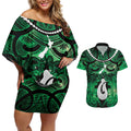 Personalised Maori Matariki Hei Matau Kakariki Couples Matching Off Shoulder Short Dress and Hawaiian Shirt Maori Kowhaiwhai Pattern Galaxy