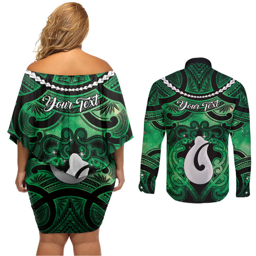 Personalised Maori Matariki Hei Matau Kakariki Couples Matching Off Shoulder Short Dress and Long Sleeve Button Shirt Maori Kowhaiwhai Pattern Galaxy
