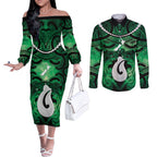 Personalised Maori Matariki Hei Matau Kakariki Couples Matching Off The Shoulder Long Sleeve Dress and Long Sleeve Button Shirt Maori Kowhaiwhai Pattern Galaxy