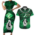 Personalised Maori Matariki Hei Matau Kakariki Couples Matching Short Sleeve Bodycon Dress and Hawaiian Shirt Maori Kowhaiwhai Pattern Galaxy