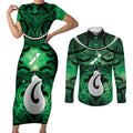 Personalised Maori Matariki Hei Matau Kakariki Couples Matching Short Sleeve Bodycon Dress and Long Sleeve Button Shirt Maori Kowhaiwhai Pattern Galaxy