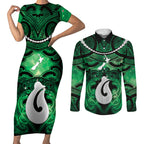 Personalised Maori Matariki Hei Matau Kakariki Couples Matching Short Sleeve Bodycon Dress and Long Sleeve Button Shirt Maori Kowhaiwhai Pattern Galaxy