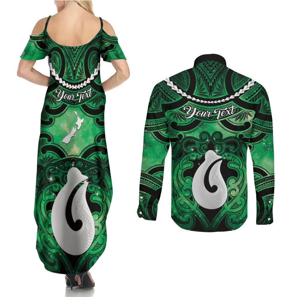 Personalised Maori Matariki Hei Matau Kakariki Couples Matching Summer Maxi Dress and Long Sleeve Button Shirt Maori Kowhaiwhai Pattern Galaxy