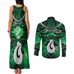 Personalised Maori Matariki Hei Matau Kakariki Couples Matching Tank Maxi Dress and Long Sleeve Button Shirt Maori Kowhaiwhai Pattern Galaxy