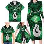 Personalised Maori Matariki Hei Matau Kakariki Family Matching Long Sleeve Bodycon Dress and Hawaiian Shirt Maori Kowhaiwhai Pattern Galaxy