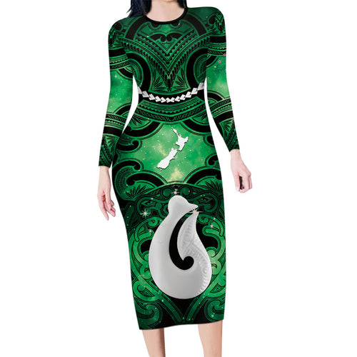 Personalised Maori Matariki Hei Matau Kakariki Family Matching Long Sleeve Bodycon Dress and Hawaiian Shirt Maori Kowhaiwhai Pattern Galaxy