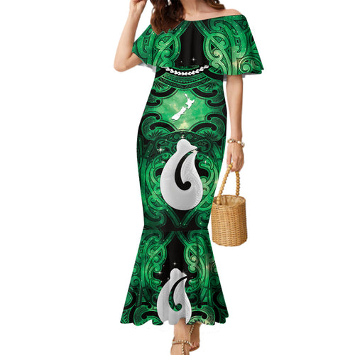 Personalised Maori Matariki Hei Matau Kakariki Family Matching Mermaid Dress and Hawaiian Shirt Maori Kowhaiwhai Pattern Galaxy