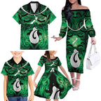 Personalised Maori Matariki Hei Matau Kakariki Family Matching Off The Shoulder Long Sleeve Dress and Hawaiian Shirt Maori Kowhaiwhai Pattern Galaxy