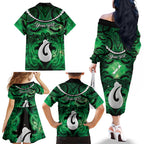 Personalised Maori Matariki Hei Matau Kakariki Family Matching Off The Shoulder Long Sleeve Dress and Hawaiian Shirt Maori Kowhaiwhai Pattern Galaxy