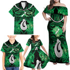 Personalised Maori Matariki Hei Matau Kakariki Family Matching Off Shoulder Maxi Dress and Hawaiian Shirt Maori Kowhaiwhai Pattern Galaxy