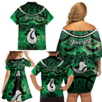 Personalised Maori Matariki Hei Matau Kakariki Family Matching Off Shoulder Short Dress and Hawaiian Shirt Maori Kowhaiwhai Pattern Galaxy