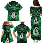 Personalised Maori Matariki Hei Matau Kakariki Family Matching Puletasi and Hawaiian Shirt Maori Kowhaiwhai Pattern Galaxy