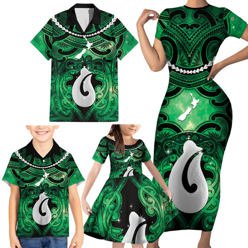 Personalised Maori Matariki Hei Matau Kakariki Family Matching Short Sleeve Bodycon Dress and Hawaiian Shirt Maori Kowhaiwhai Pattern Galaxy