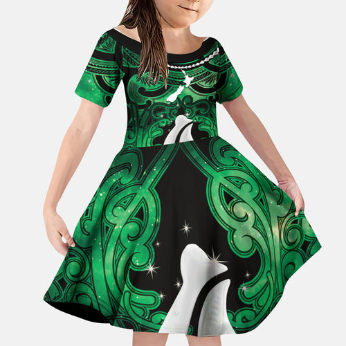 Personalised Maori Matariki Hei Matau Kakariki Family Matching Short Sleeve Bodycon Dress and Hawaiian Shirt Maori Kowhaiwhai Pattern Galaxy