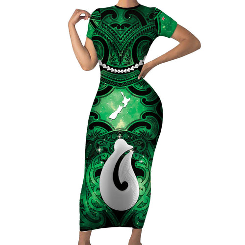 Personalised Maori Matariki Hei Matau Kakariki Family Matching Short Sleeve Bodycon Dress and Hawaiian Shirt Maori Kowhaiwhai Pattern Galaxy
