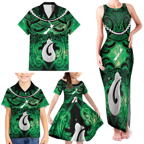 Personalised Maori Matariki Hei Matau Kakariki Family Matching Tank Maxi Dress and Hawaiian Shirt Maori Kowhaiwhai Pattern Galaxy