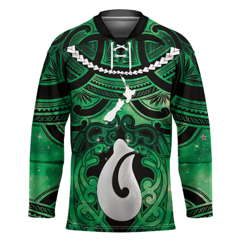 Personalised Maori Matariki Hei Matau Kakariki Hockey Jersey Maori Kowhaiwhai Pattern Galaxy